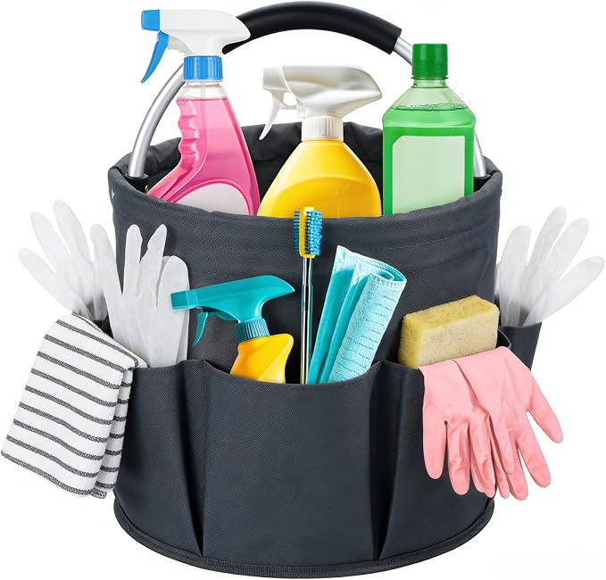 17L Foldable Cleaning Caddy with Handle - Portable Oxford Fabric Storage Bucket, Organiser for Cleaning Supplies, Toiletries, Home, Garden, Picnic & Beach (Dark Gray)