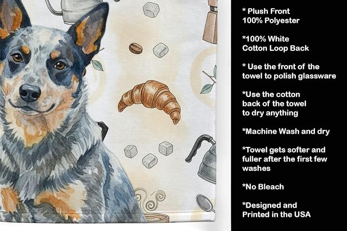Caroline's Treasures Blue Heeler Australian Cattle Dog Coffee Bar Kitchen Towel Velour Plush Front and Cotton Loop Back Machine Washable