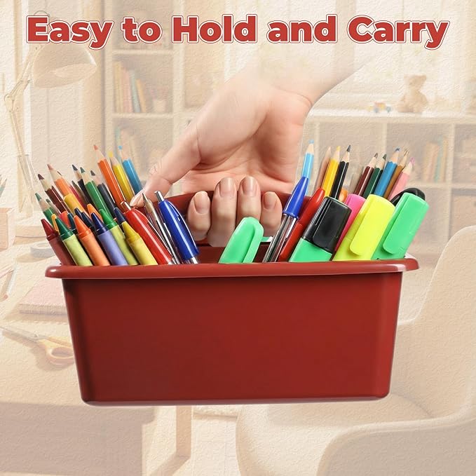 Kathfly 4 Pack Caddy Organizer with Handle, Stackable Organization Storage, Small Plastic Basket Classroom Caddy for Table Desk Office Pencil Kids Room Craft Art Teacher School Supplies (Deep Color)