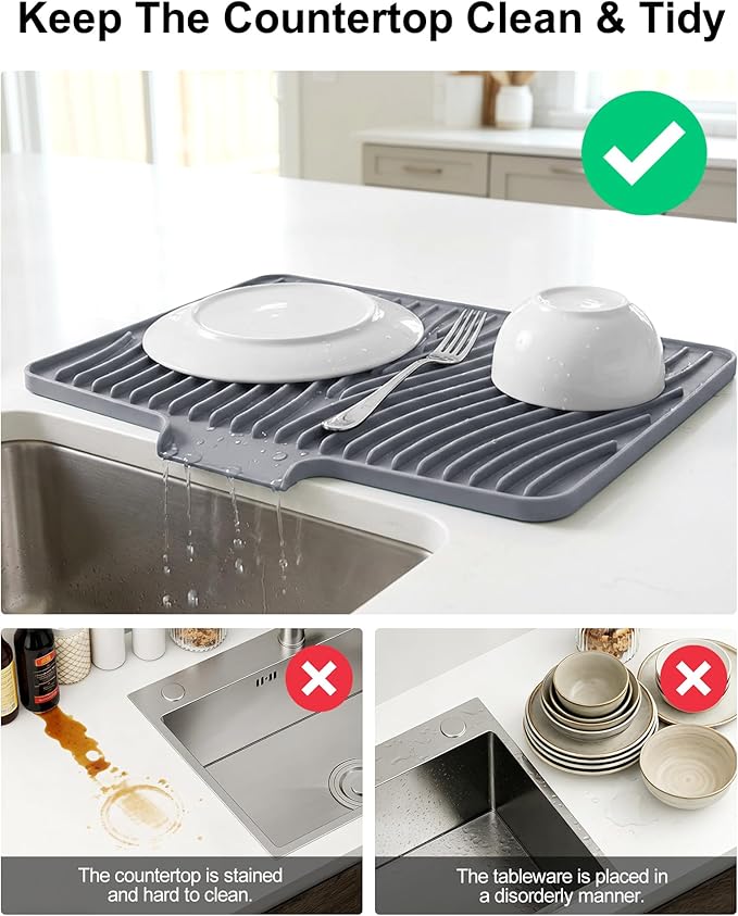 Silicone Dish Drying Mat for Kitchen Counter, Non-Slip Drain Pad with Built-in Drain, Heat Resistant Dish Drying Pad, Multi-Use Drying Mat, Dishwasher Safe & Hangable, Grey, 19.7" x 15"