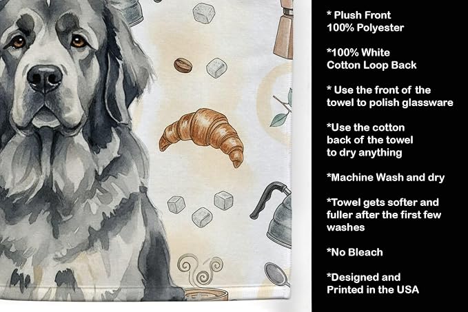 Caroline's Treasures Gray Newfoundland Coffee Bar Kitchen Towel Velour Plush Front and Cotton Loop Back Machine Washable
