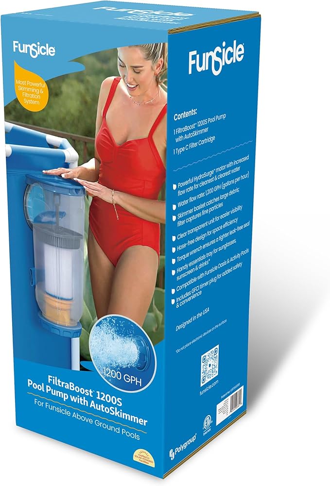 Funsicle FiltraBoost 1200S Pool Pump with AutoSkimmer, 2-in-1 Filter Pump & Skimmer, 1200 GPH, Includes Type C Filter Cartridge & GFCI Plug