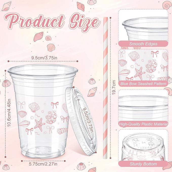 Domensi 25 Sets Seashell Themed Plastic Cups with Lids and Paper Straws 12oz Pink Ocean Disposable Drinking Cups Bulk for Cold Drinks Baby Shower Wedding Summer Theme Birthday Party Supplies