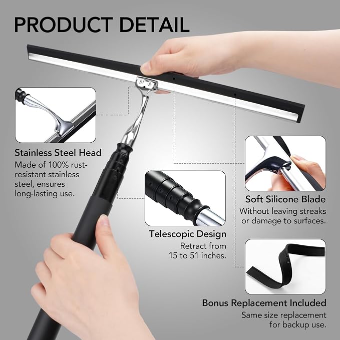 Shower Squeegee for Glass Doors, Telescopic Window Cleaner Tool | 15-51" Squeegee for Shower Glass, Squeegee for Window Cleaning with Long Handle for Tile Walls, Sliding Door, Car Windshield