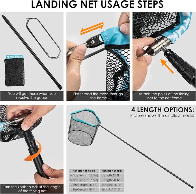 THKFISH Folding Aluminum Fishing Landing Net with Extra Long Telescoping Pole Handle,Extend to 82-157 Inches (98” Telescopic Handle/17.7” Hoop Size), Blcak
