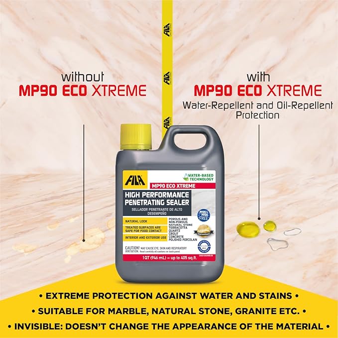FILA Natural Stone Sealer, MP90 ECO Xtreme, Natural Look Sealer and Stain Protector, Ideal for All Natural Stone, Polished Porcelain Tile and Grout, Eco-Friendly Water Based, 1 QT