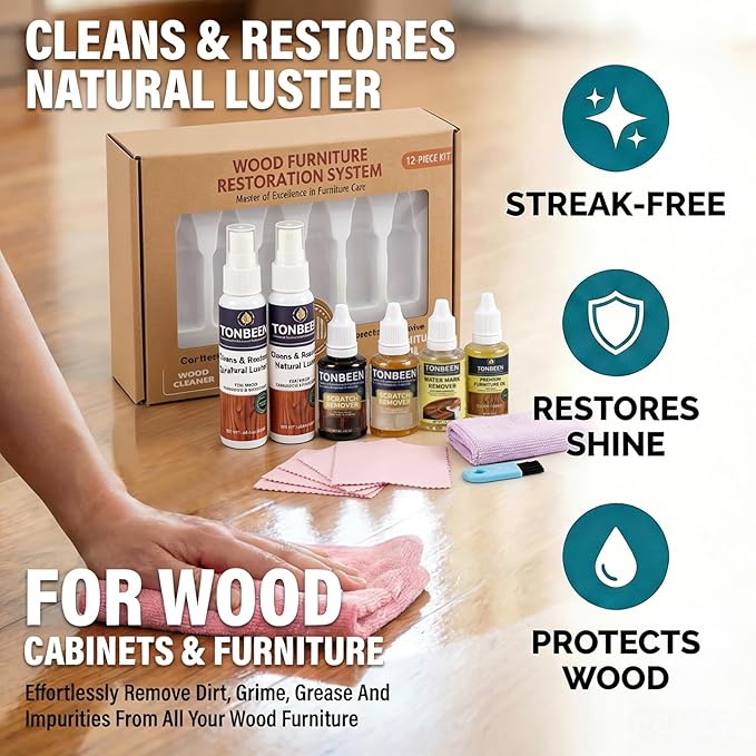 Premium Wood Furniture Care Set (12-Piece) - Includes Wood Cleaner & Water Mark Remover, Dark/Light Scratch Repair Kit & Furniture Care Oil | Friendly for Cabinets, Tables & All Wood Finished Surfaces