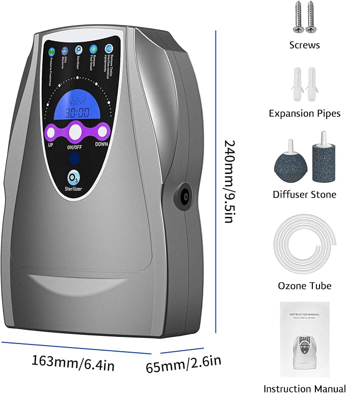 VTAR Ozone Machine, 1000mg/h Multipurpose Ozone Machine Purify Air, Water, Fruits, Vegetables, Toothbrushes, Aquarium Fruit Cleaner Device in Water - Dark Gray