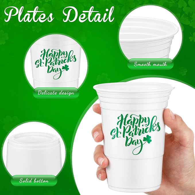 Pickmesh 100 Pcs St Patricks Day Plastic Cups 16oz Lucky Shamrock Design Disposable Cups for Lucky Party Supply St Patrick's Day Tumblers for Hot Cold Drinks Coffee Juice Beer Candy Snacks