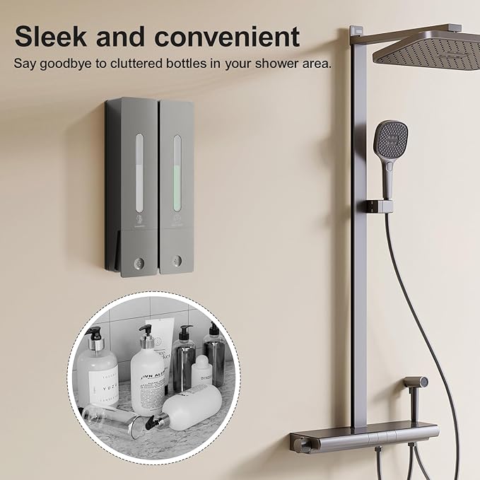 Shampoo and Conditioner Dispenser 2-Chamber Wall-Mounted Shower Soap Dispenser, No-Drill Installation, 800ML Capacity, Ideal for Bathrooms and Hotels (Gun Grey)