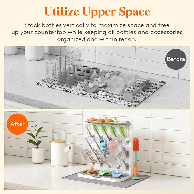 Lifewit Large Baby Bottle Drying Rack with Drain Mat & 15 Hooks, Newborn Essentials Must Haves, Countertop Holder Organizer for Baby Stuff, Rack Dryer for Pacifiers, Weighted Straws, Pump Parts