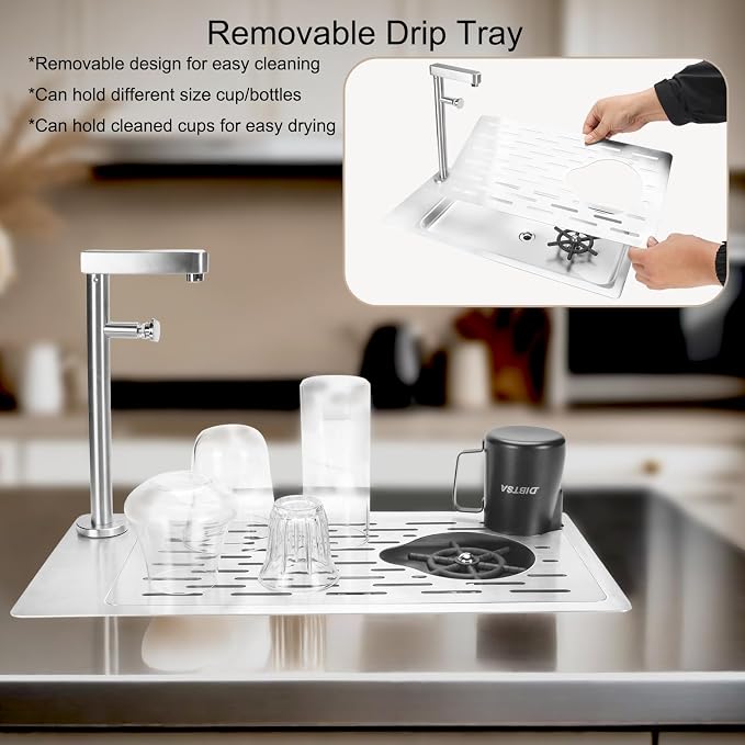 DIBTSA Pitcher Rinser, Stainless Steel Countertop Glass Rinser Cup Washer Sink with Side Spray,Drip Tray for Home Cafe Restaurant