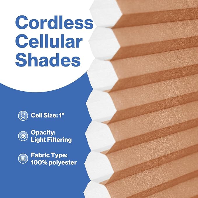 No Drill Cellular Shades, Dark Orange Custom Size Cordless Light Filtering Pull Down Pleated Honeycomb Blind Thermal Insulated Easy Install for Indoor Window Bedroom Living Room Kitchen Door