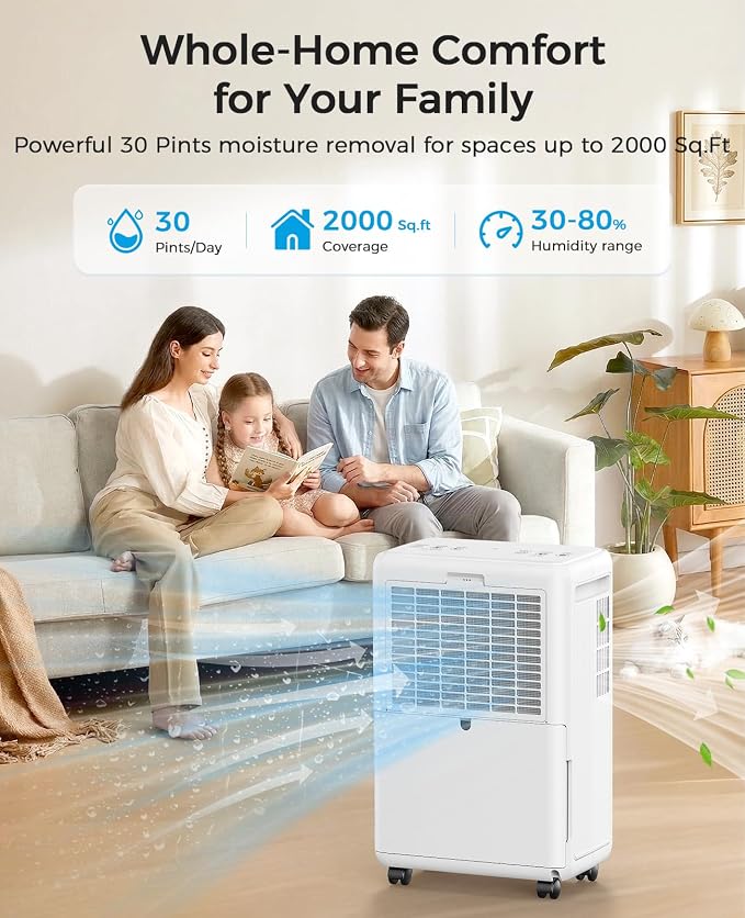 Trazico 30 Pint Dehumidifier for Basement with Drain Hose Up to 2000 Sq.Ft | Quiet Dehumidifiers for Home Large Room Bedroom Bathroom, Intelligent Humidistat, 3 Modes, 24H Timer, Auto Defrost