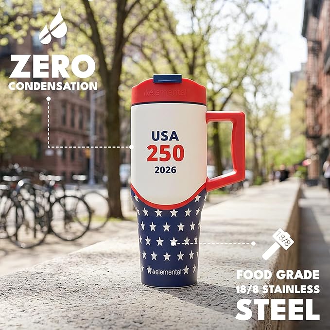 Elemental 32 oz 100% Leak Proof Tumbler with Handle & Straw - Stainless Steel Double Wall Insulated Tumbler for Hot and Cold Beverages - Travel Coffee Mug with Sip & Straw Lid - USA 250
