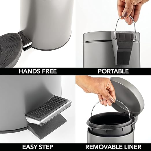 mDesign Pedal Bin — Metal Waste Bin with Pedal, Lid and Plastic Bucket Insert — for Bathroom, Kitchen, and Office — 3 Litre Household Rubbish Bin with Ergonomic Design — Graphite Grey