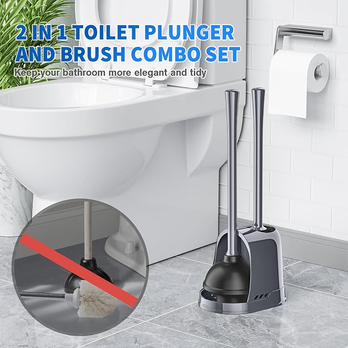 LOVLOY Toilet Plunger and Brush,2 Pack Bowl Brush and Heavy Duty Toilet Plunger Set with Ventilated Holder, 2-in-1 Toilet Brush and Plunger Combo for 5.3-inch Toilet DrainBathroom Cleaning