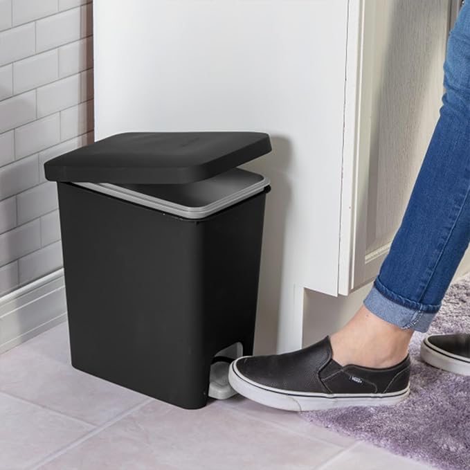 Sterilite 2.7 Gallon Rectangular StepOn Wastebasket with Lid, Small Plastic Trash Can for the Bathroom, Bedroom or Home Office, Pedal and Liner, Black, 2-Pack