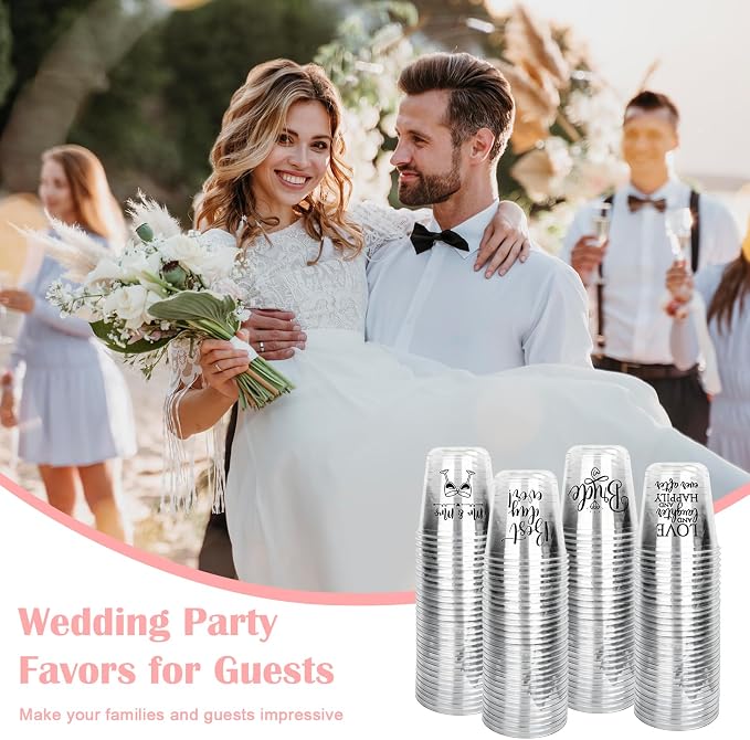 JarThenaAMCS 60Pcs Wedding Disposable Stemless Wine Glasses 12 oz Mr and Mrs Clear Plastic Cocktail Cup PET Drinkware Cups Set for Wedding Bridal Shower Party Supplies