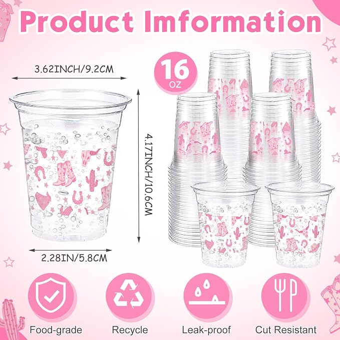Jingmore 100 Pcs Western Plastic Cups 12 oz Clear Disposable Plastic Cowboy Cowgirl Drinking Cups Bulk for Boho Preppy Baby Shower Birthday Wild West Party Decoration Supplies(Western Cowgirl,Pink)