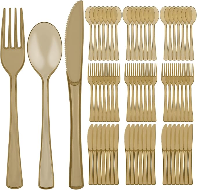 75 PCS Plastic Silverware Disposable Silverware Heavy Duty Utensil Sets 25 Of Each Forks Knives & Spoons Disposable Cutlery Set For Easter,Birthday,Baby Shower,Garden Party,Wedding(75,Gold)