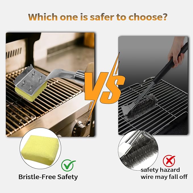 Grill Brush Bristle Free,Steam Cleaning Grill Brush.Stainless Steel Handle and Replaceable Cleaning Head, Secured by Four Wing Nuts for Cast Iron/Stainless-Steel Grates