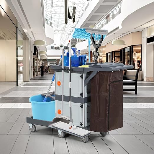 Janitorial Cart with 2 Cabinet, Commercial Traditional Janitorial 3-Shelf Cleaning Cart On Wheels with Cover and Vinyl Bag, for Housekeeping Hotels Apartment