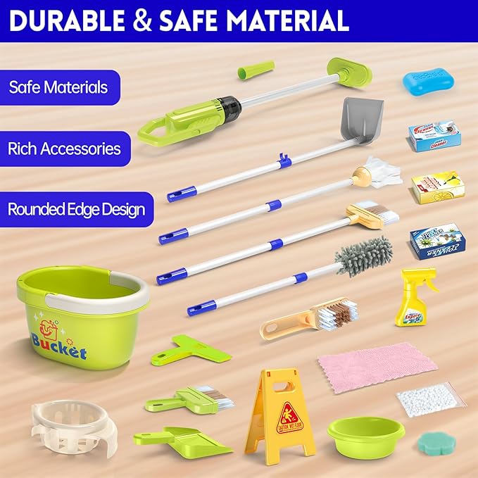 Kids Cleaning Toy Set, Educational Pretend Play Cart with 29 Pcs, Detachable Housekeeping Tools for Toddlers