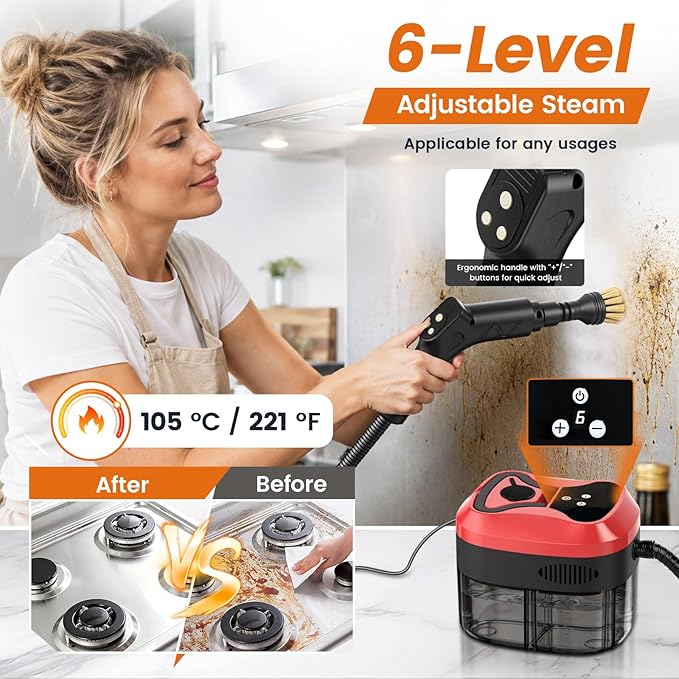 Handheld Steam Cleaner, 6-Level Adjustable Handle, 15s Heat-Up, 1800W High-Pressure Steamer for Cleaning with 1.6L Large Tank, Portable Steam Cleaner for Home, Car, Grout, Couch, Floor (Red)