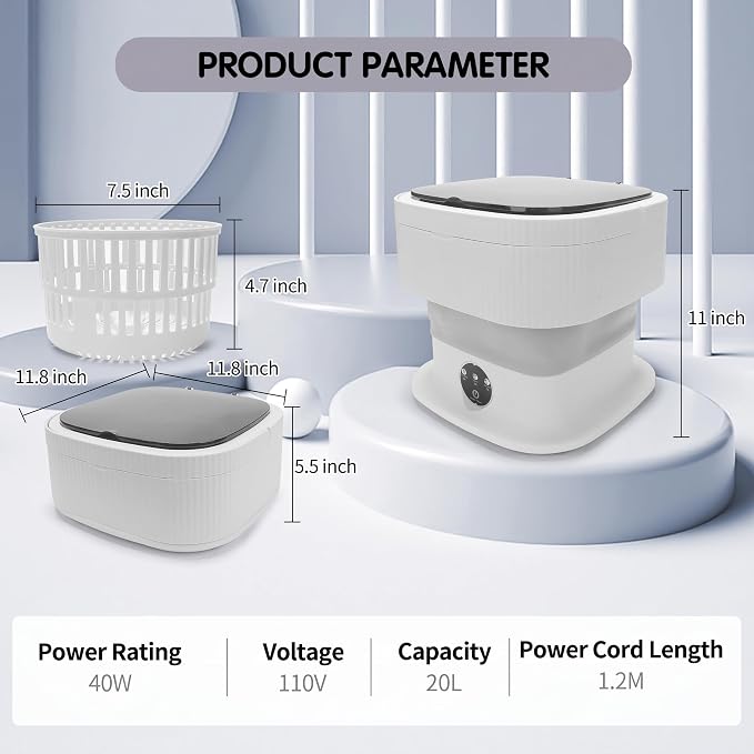 Mini Portable Washing Machine, 20L Foldable Portable Mini Washer Machine with Spin Dry, Collapsible Travel Washing Machine for Dorms, Apartment, RV and Camping. (Grey)