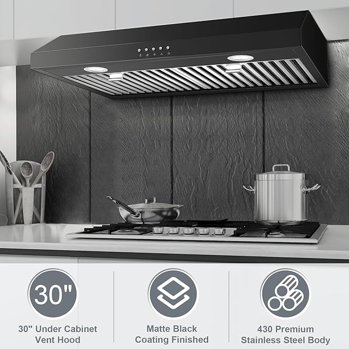 SNDOAS Under Cabinet Range Hood 30 inch,Black Range Hood with 430 Spray-Painted Stainless Steel,3-speed Fan & 700 CFM Kitchen Hood,Ducted/Ductless Range Hoods with 3-Venting,Baffle Filters