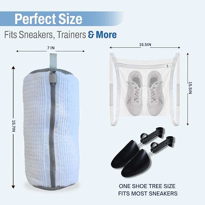 Laundry Shoe Bag 2-Pack for Washer & Dryer — Shoe Washing Machine Bag with Adjustable Shoe Trees & Door Drying Mesh — Mesh Laundry Bags for Shoes — Clean Quiet Washes, Sneaker Cleaning Bag