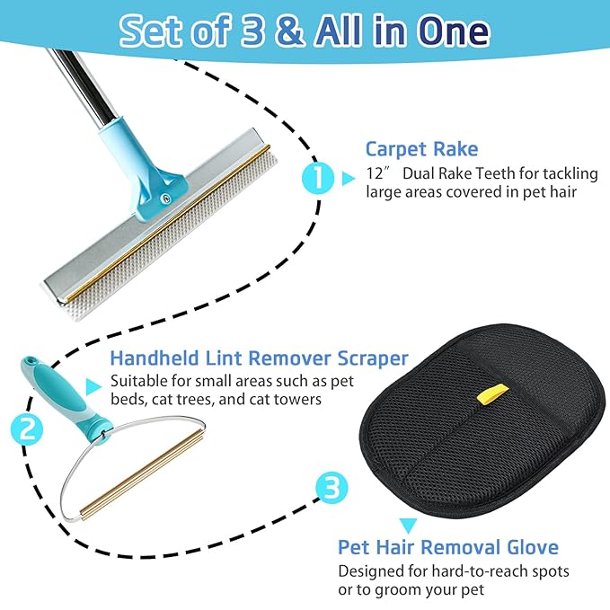 Pet Hair Remover for Carpet, Carpet Rake for Pet Hair Removal with 54" Adjustable Handle, Reusable Dog Hair Remover Broom with Copper Teeth & TPU Brush for Rugs, Couch, Mats and Pet Beds