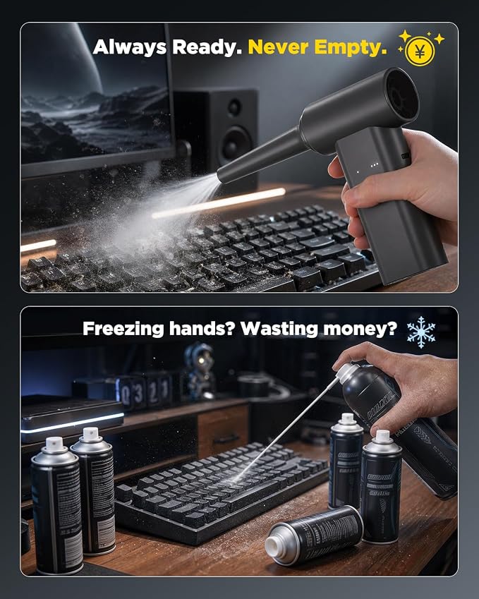 2-in-1 Compressed Air Duster & Car Vacuum Cordless Rechargeable, 160000RPM Electric Air Duster, Aluminum Mini Vacuum Keyboard Cleaner for PC, Computer, Home, Outdoor & Car Detailing (Night)