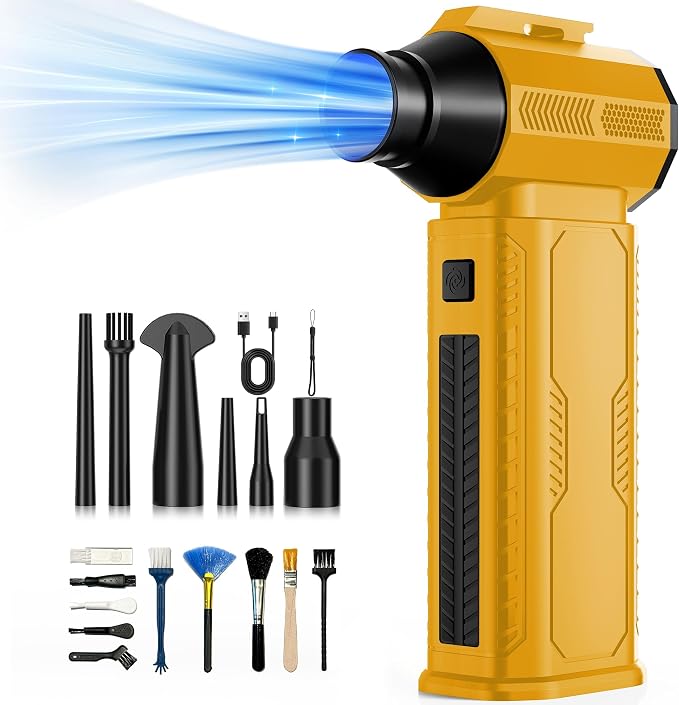 Compressed Air Duster, 130,000RPM Ultra-Powerful Cordless Electric Air Duster with 8000mAh Rechargeable Battery, 4-Gear Adjustable Air Blower for Keyboard, Computer, Car - Bright Yellow