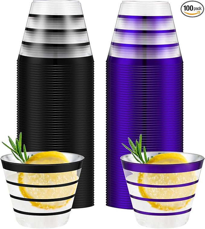 Gejoy 9 oz 100pcs Black and Purple Rimmed Stripe Plastic Cups Bulk Disposable Wine Hard Plastic Drinking Cocktail Cups Tumblers for Wedding Gathering Party Supplies(Black, Purple)