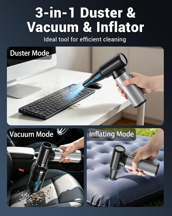 Compressed Air Duster, 3-in-1 Electric Duster & Vacuum, Air Duster Rechargeable- Brushless Motor, 3-Speed Adjustable Dust Blower for Keyboard, Computer, Car, Home, Outdoor