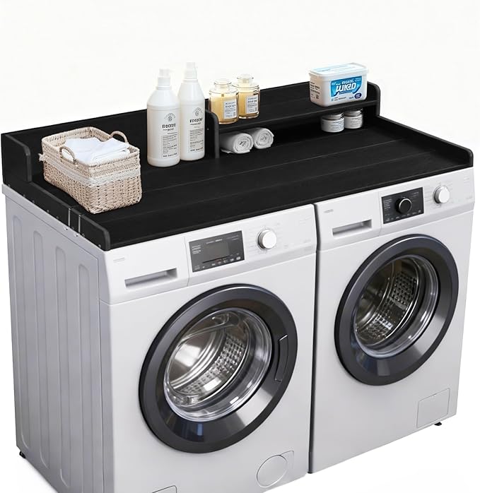Washer Dryer Countertop, HDPE Laundry Countertop with Storage Shelf and Edge Rails-Black