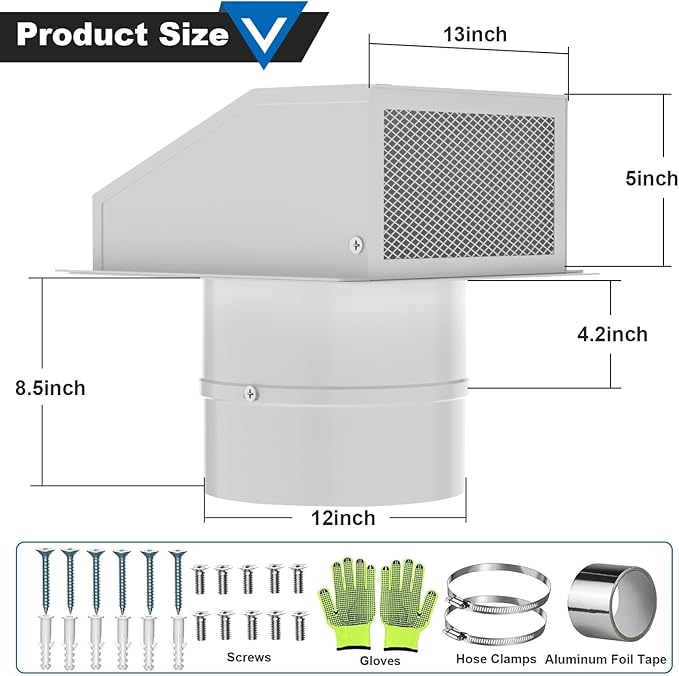 12 Inch Wall Vent Cover, Hooded Wall Vent with Screen and Damper, Galvanized Steel Vent Covers for Wall White Metal Exhaust Vent Duct Hood Cap for Outside Kitchen Exterior Bathroom Outdoor Basement