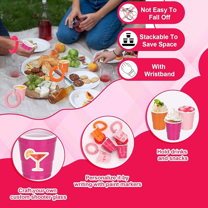 30 Pcs Pink and Orange Shot Cups with Wristband for Party 2oz Disposable Shot Glasses Bulk Plastic Mini Solo Cup with Bracelet for Tequila Sunrise Sunset Summer Bridal Bachelorette Party
