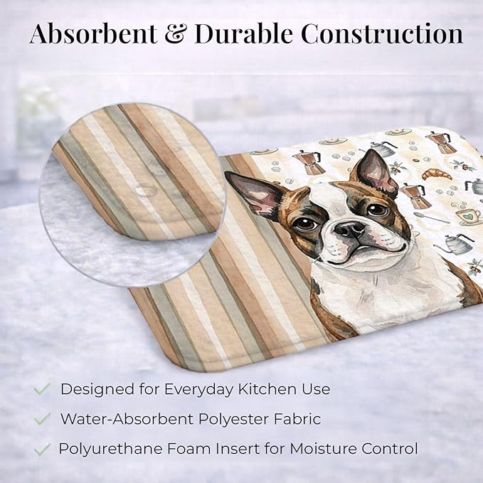 Caroline's Treasures Brindle Boston Terrier Coffee Bar Dish Drying Mat Absorbent Dish Drying Mat Pad for Kitchen Counter Dish Drainer Mat for Countertop, 14 x 21", Multicolor
