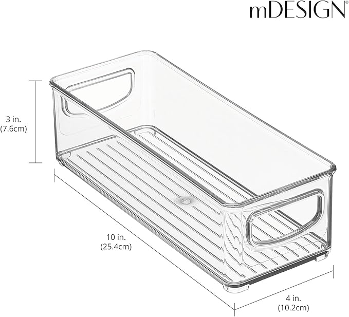 mDesign Plastic Bathroom Storage Container Bins w/ Handles - Closet, Cabinet, Vanity, Cupboard Shelf Organization, Hair Tools Accessory Organizer - Ligne Collection; Clear, 4x10x3 (Pack of 4)