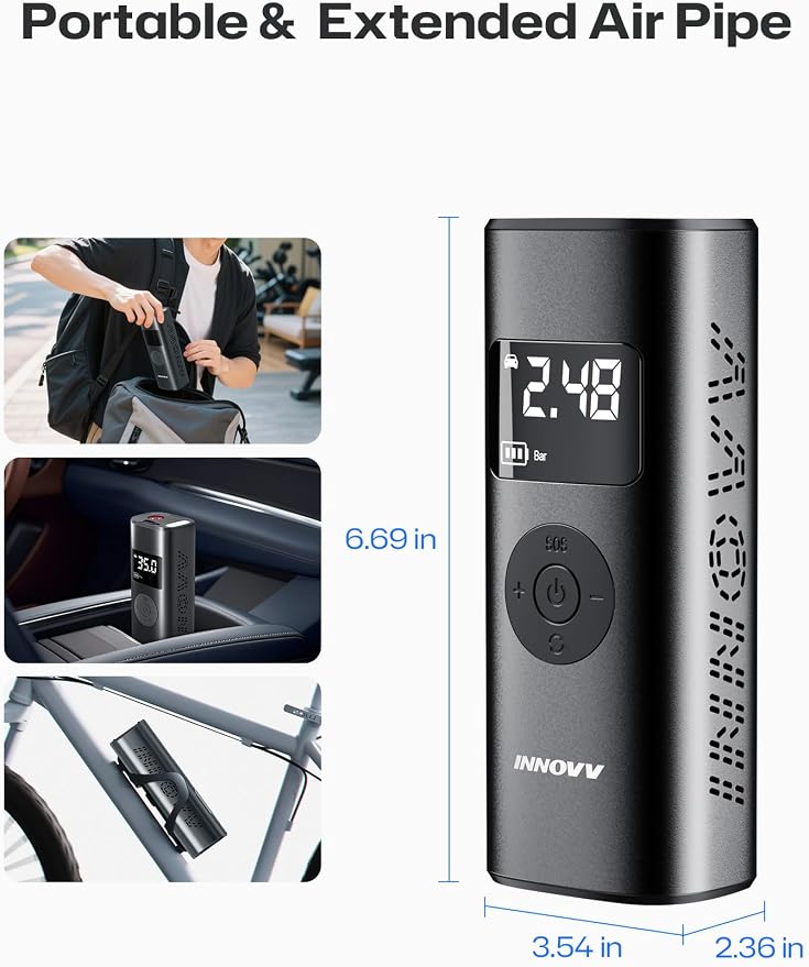 INNOVV P1 Aluminum Portable Tire Inflator, 150PSI, 3X Faster Cordless Air Compressor, Auto-Shutoff Electric Tire Pump with Digital Pressure Gauge & LED Light for Car, Motorcycle, Bike, Balls