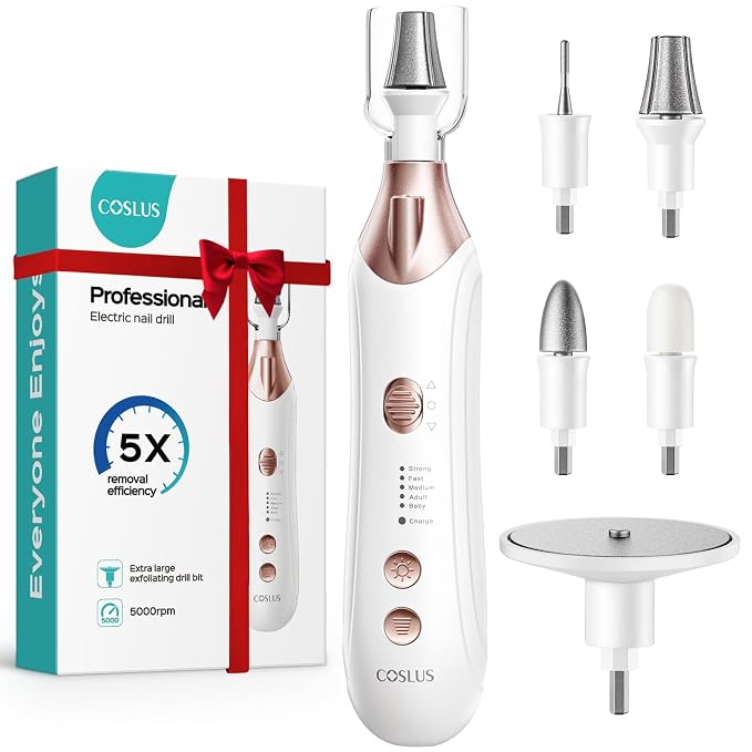 COSLUS C43 Professional Manicure Pedicure Kit, 5-in-1 Electric Nail File for Toenail Hand Feet, Basic & Thick Nails Care, Cordless, 5 Speeds, for Men Women Seniors Home Salon, Wider Grinder, White