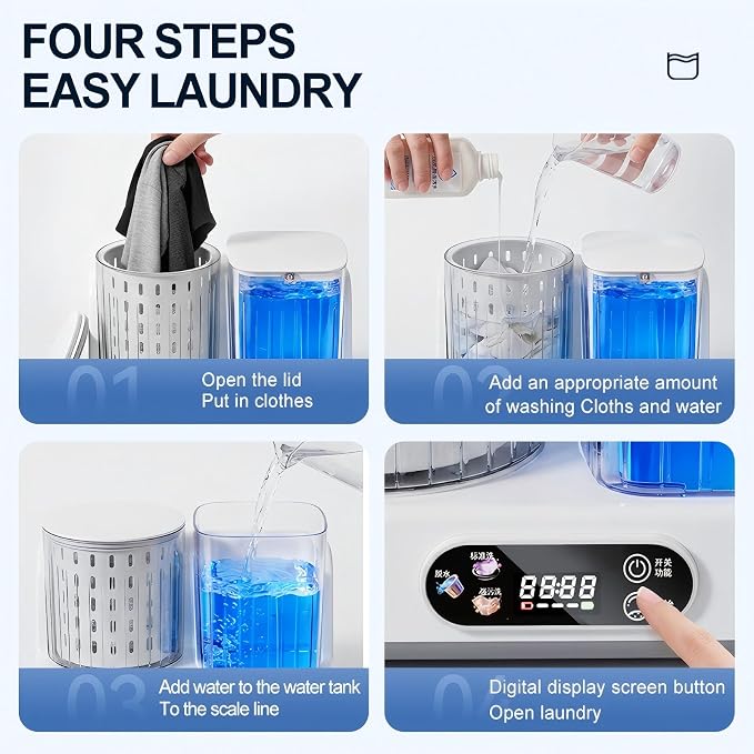 Automatic Underwear Washing Machine with 8000mAh Battery, 3L Portable Mini Washing Machine and Spin Dryer for Underwear, Socks, Baby Clothes, Travel Laundry Machine with Auto Water Supply & Drainage