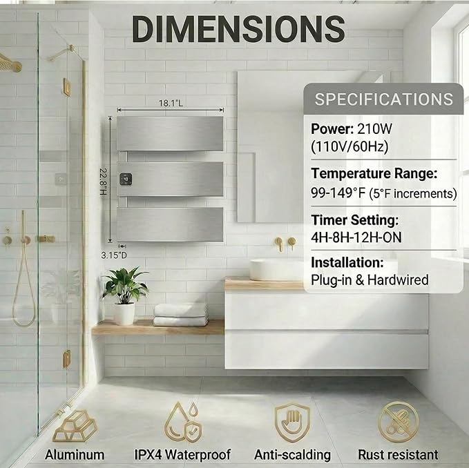 L Series Electric Towel Warmer for Bathroom, 3 Panel, Silver | Thermo Control and Timer, Fast Heat in 3 Mins, Dry Towels in 4 hrs, Memory Function, Work with Smart Plug, Left-Wiring