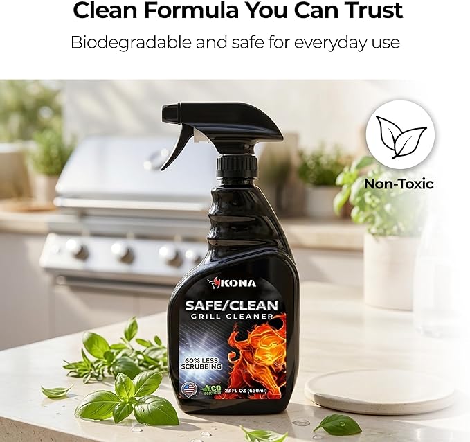 Kona Safe/Clean Grill Cleaner Spray - Now 40% More Cleaning Power, Heavy Duty No-Drip Gel, Eco-Friendly, Food Safe, BBQ Grate Degreaser, Biodegradable, Made in Michigan USA - 23oz