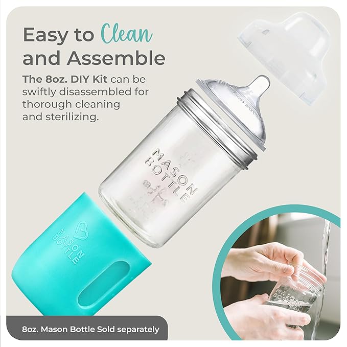 Mason Bottle Glass Baby Bottle DIY Kit – Fits 8oz Mason Jars – Includes 2X Slow Flow Nipples, Silicone Sleeve, and Cap (Ring, Lid, and Jar Not Included) – Made in USA