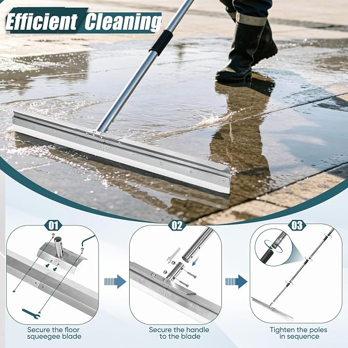 Heavy-Duty Large Floor Squeegee for Concrete, 33.4" Commercial Silicone Blade Squeegee for Floor with 63" Stainless Handle, Anti-Splash Curved Baffle for Garage, Factory, and Tough Cleaning Jobs
