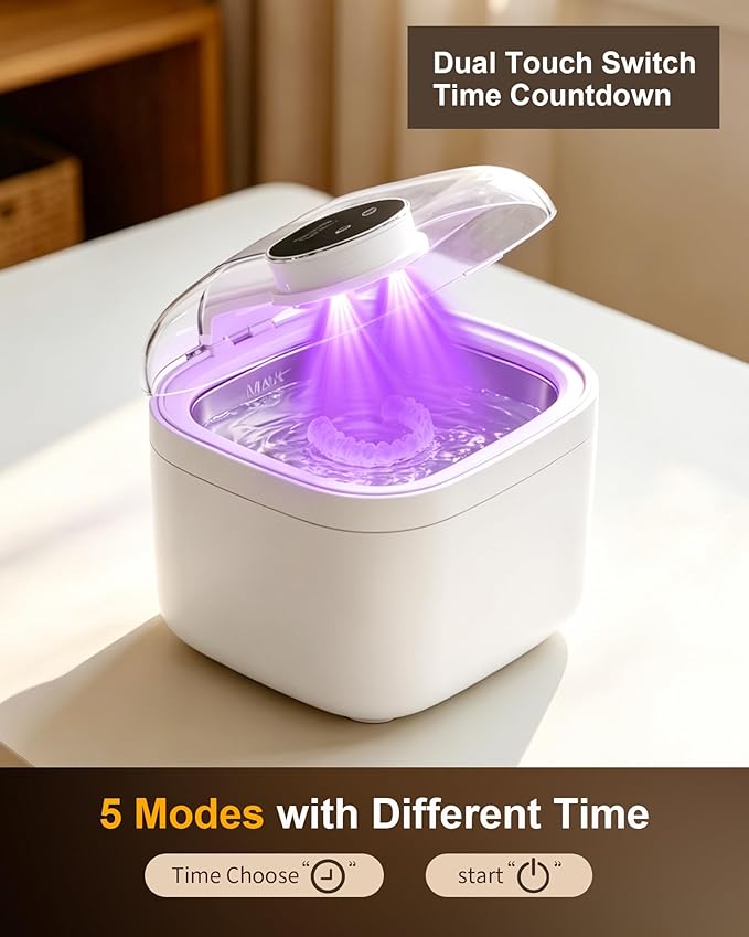 Ultrasonic Denture & Retainer Cleaner-45kHz Ultrasonic Cleaning Machine with UV Light 350ml 304 SUS Tank for Deep Cleaning Dentures Aligners Invisalign Mouth Guards Night Guards Braces & Jewelry
